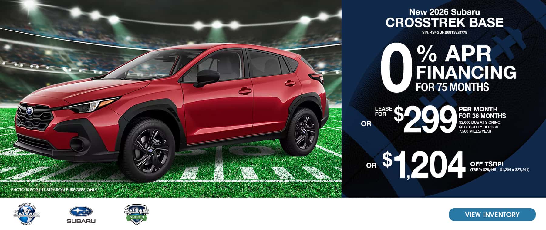 10.2026 Subaru Crosstrek_0% for 75 mo OR Lease for $299 for 36 mo OR $1204 off tsrp