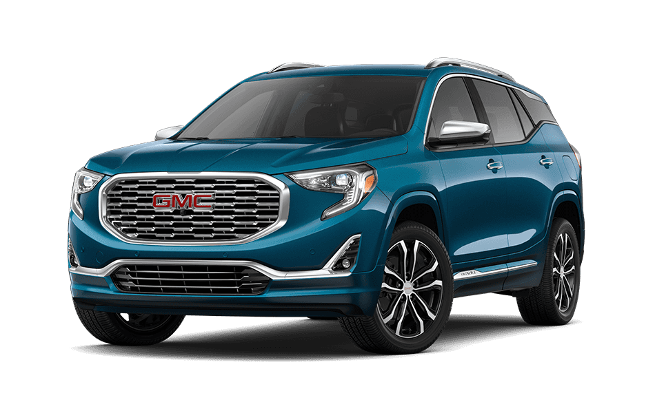 2021 GMC Terrain SUV in Deep Azure Metallic Exterior Color, shown from 3/4 drivers side front