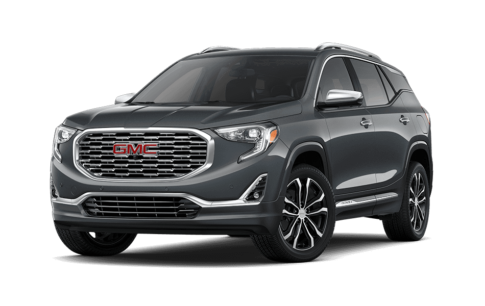 2021 GMC Terrain SUV in Satin Steel Gray Metallic Exterior Color, shown from 3/4 drivers side front