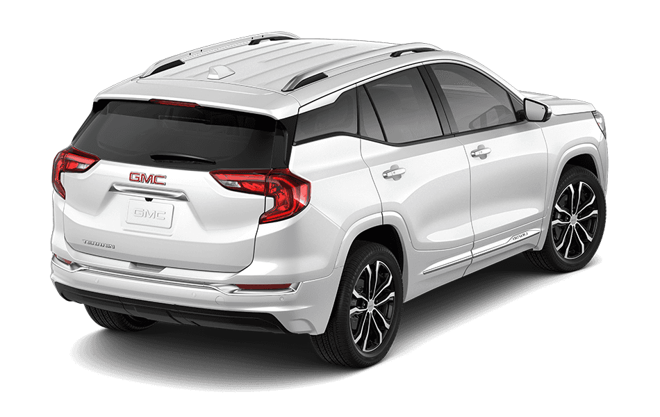 2021 GMC Terrain SUV in White Frost Tricoat Exterior Color, shown from 3/4 passenger side rear