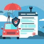 Car warranty illustration. Stylized car with agreement and umbrella