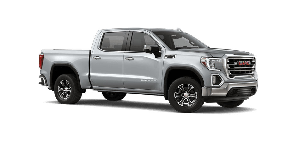 2021 GMC Sierra in Quicksilver Metallic 3/4 view from passenger side
