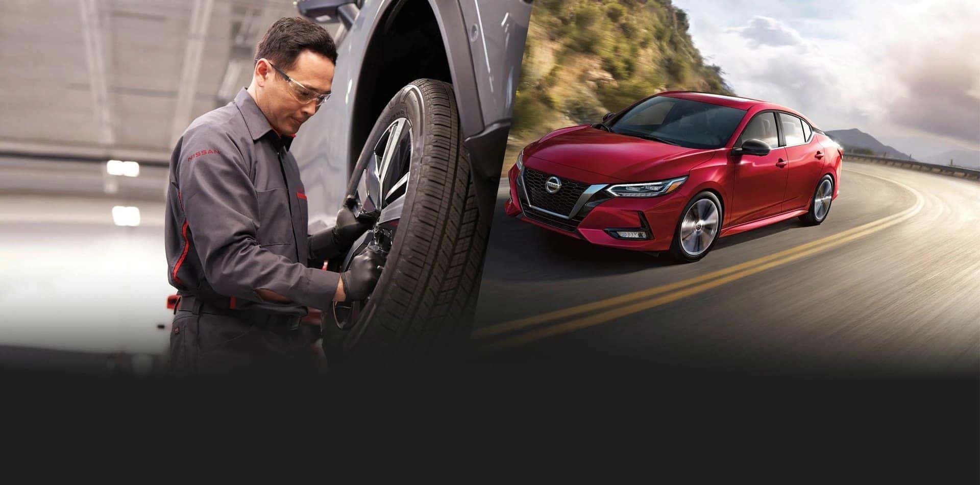 Nissan vehicle and tire representing tire sales and tire service at Swope Nissan in Elizabethtown