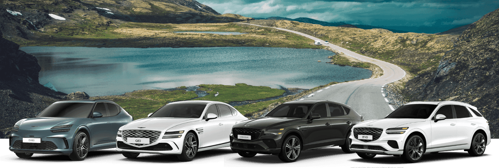 Genesis cars lined up against a scenic background