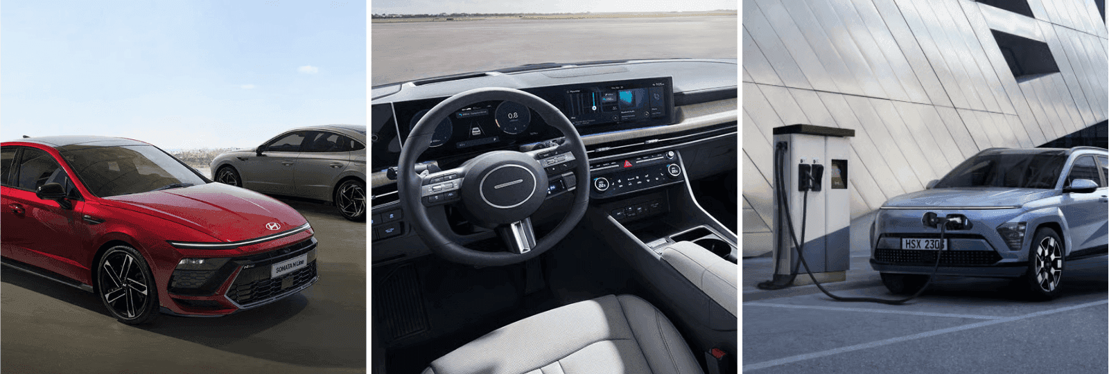 Two Hyundai Sonata N Line sedans, a modern interior with dual screens, and an electric SUV at a fast charger